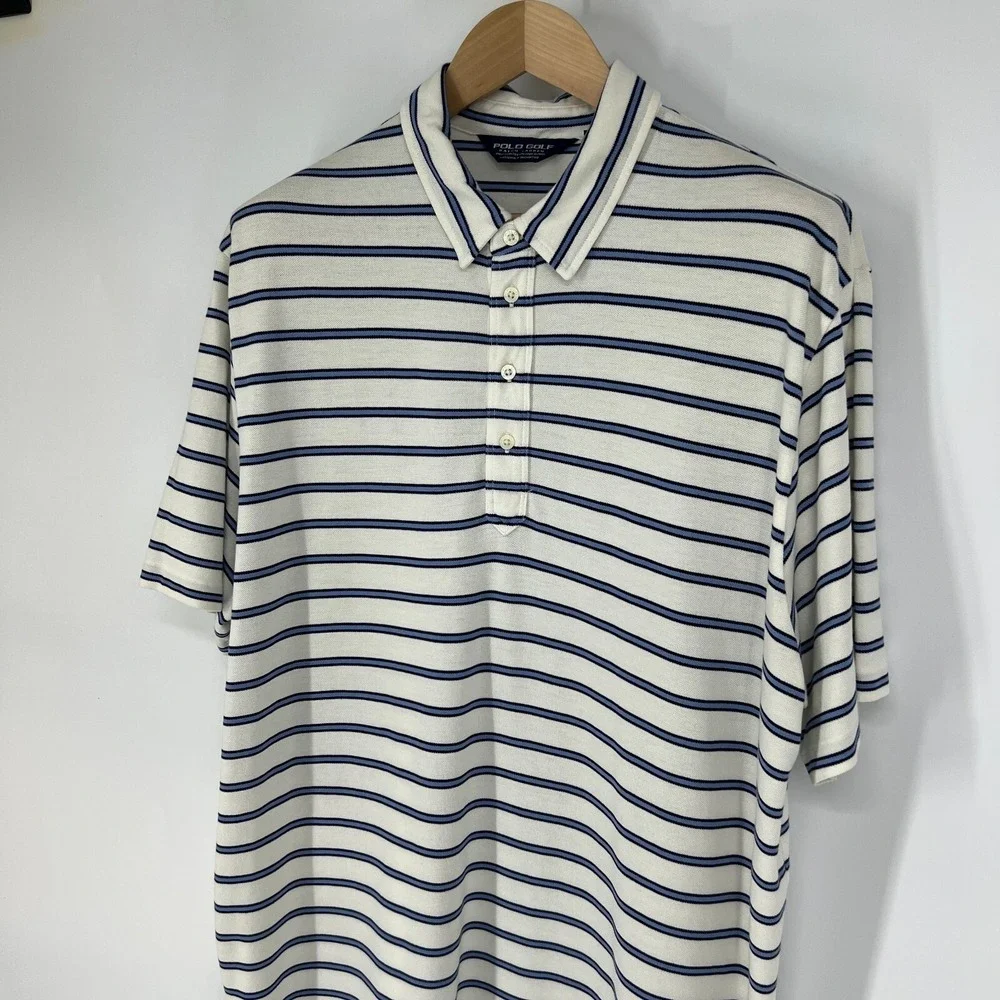 Polo Ralph Lauren Golf Polo Shirt Size XL White Blue‎ Striped Pique Pima Cotton